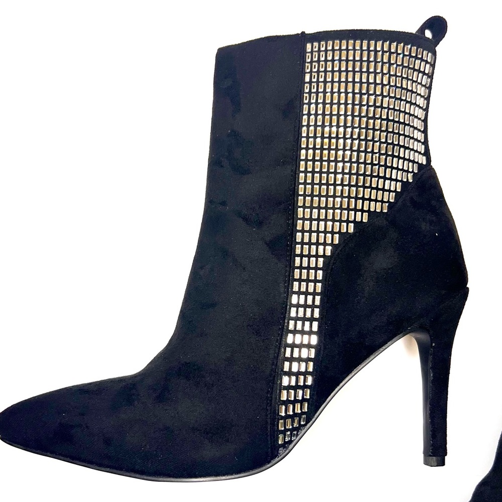 Sparkly Rhinstone Stiletto Ankle Boots. Black Suede Booties w/ 4.5 Heel Diamonds